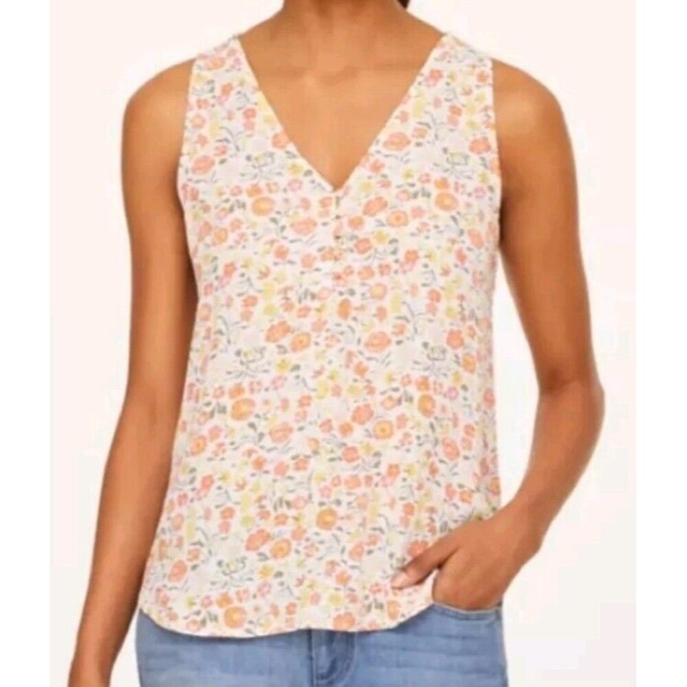 LOFT Floral V-Neck Tank Top in White, Pink, Orange